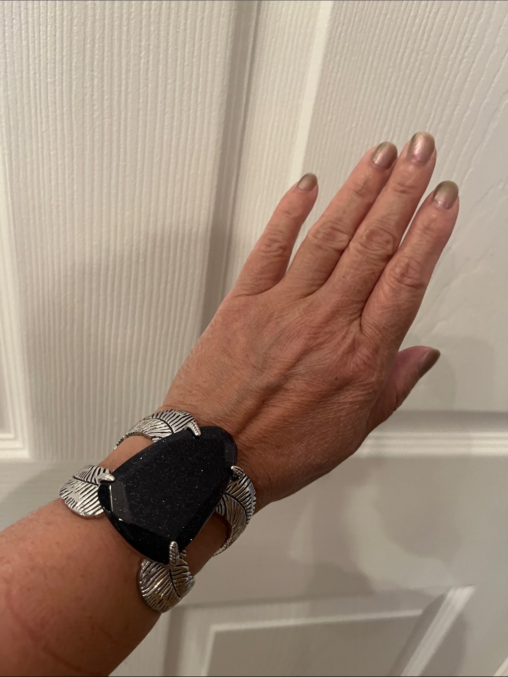 Midnight Druzy Statement Adjustable Bangle with Silver Leaf Accents
